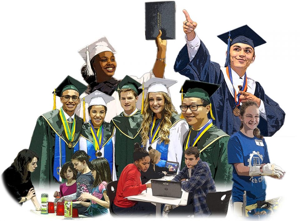 Imagine Tomorrow collage with students celebrating graduations and working in class