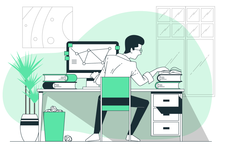 Illustration of a man doing research on his computer.