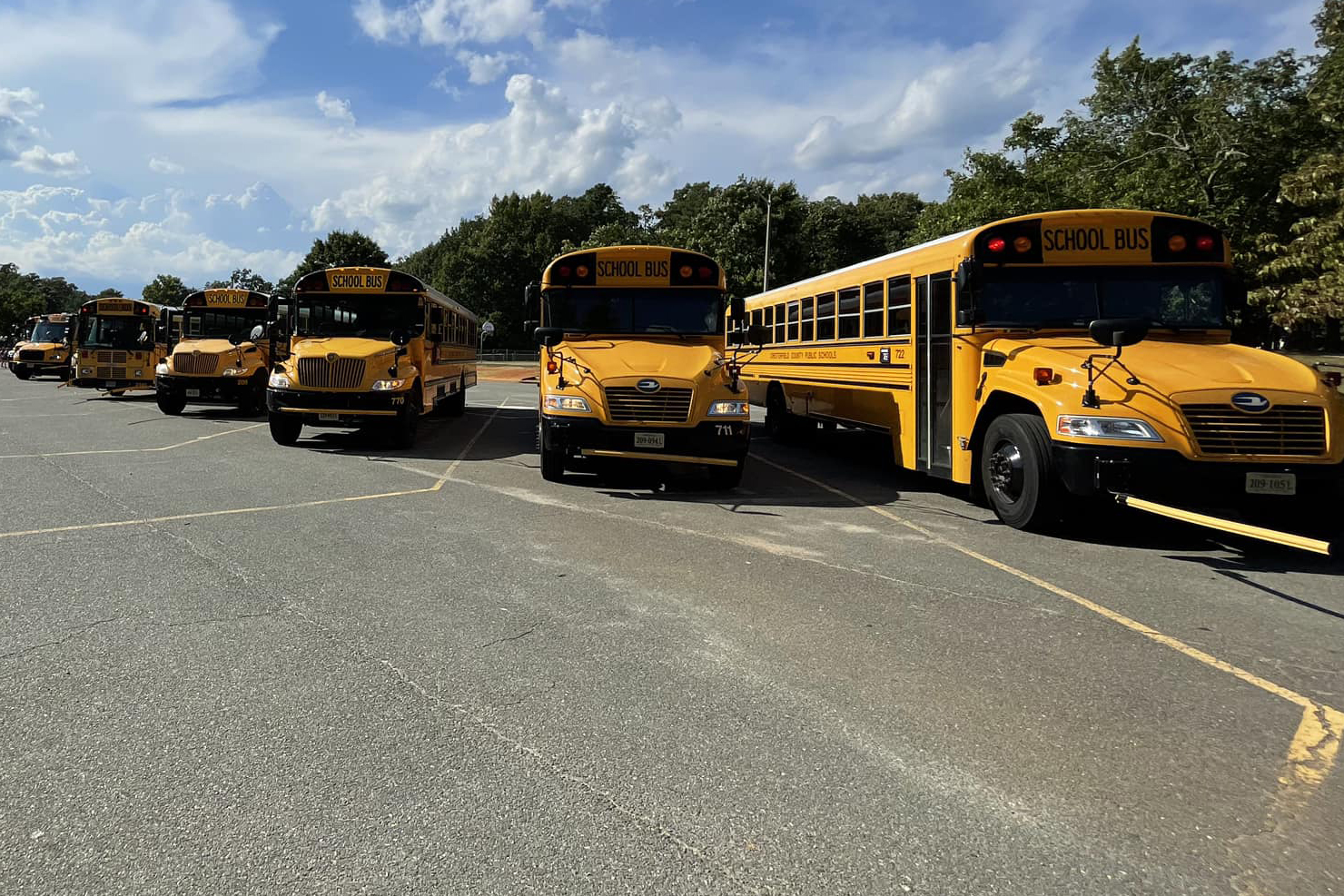 Row of school buses in parking lot