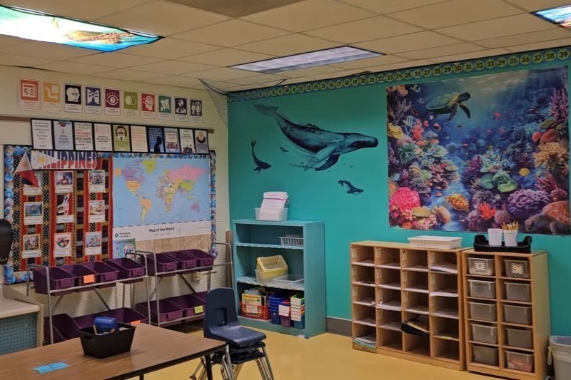 A classroom decorated with colorful ocean scenes