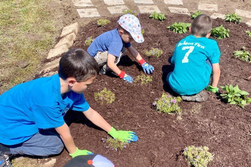 Three young boys planting in the dirt