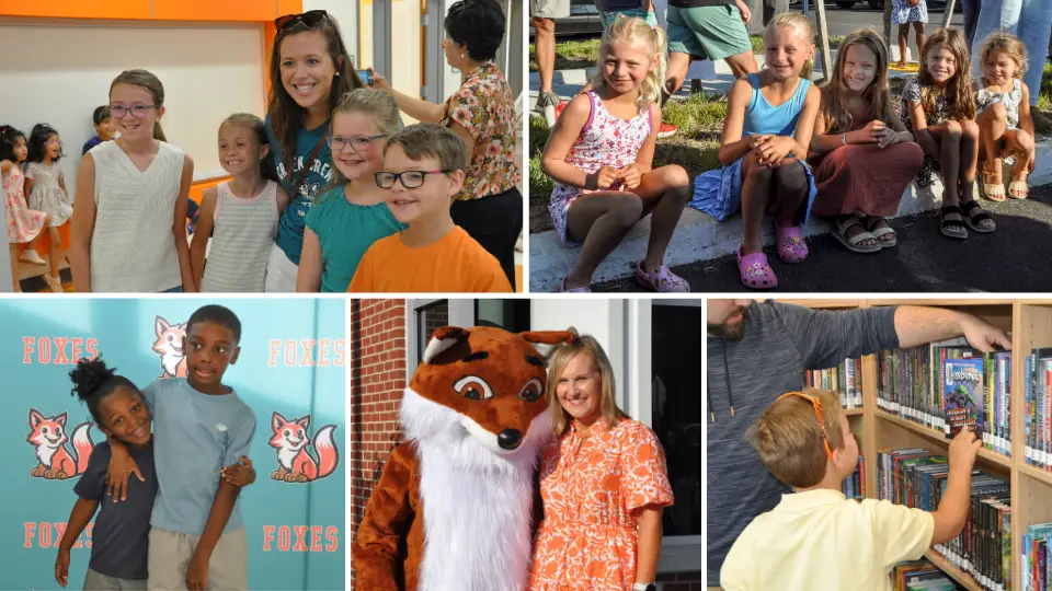 Collage of school opening, library, and students.