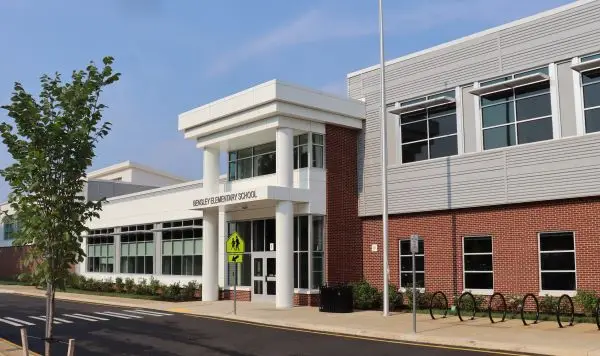 Modern brick school building entrance.